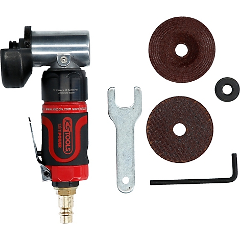 Winkelschleifer mit Zubehör, u.a. Schleifscheiben und Werkzeug, auf weißem Hintergrund.